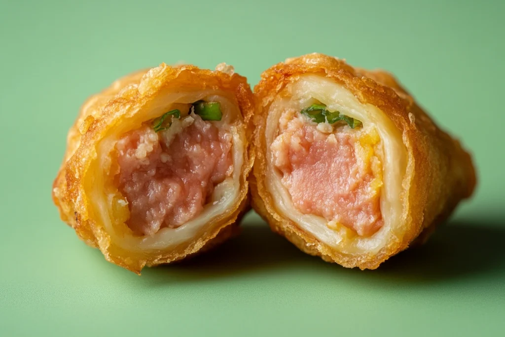 Close-up of an egg roll with pink pork filling inside

