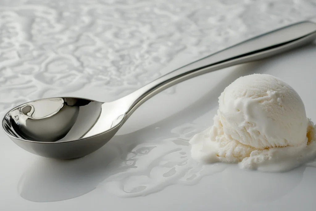 A stainless steel ice cream scoop with a soft-grip handle scooping hard ice cream.

