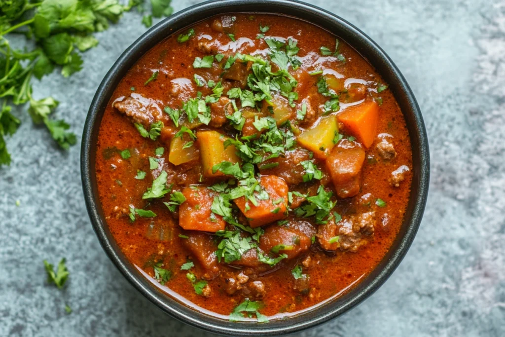 A bowl of goulash topped with fresh herbs

