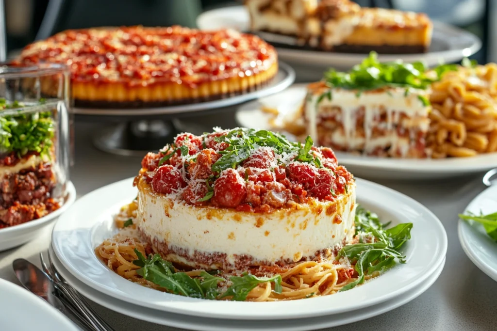 A visual representation of the Cheesecake Factory menu featuring popular dishes and pricing for 2024, highlighting signature cheesecakes and entrées.

