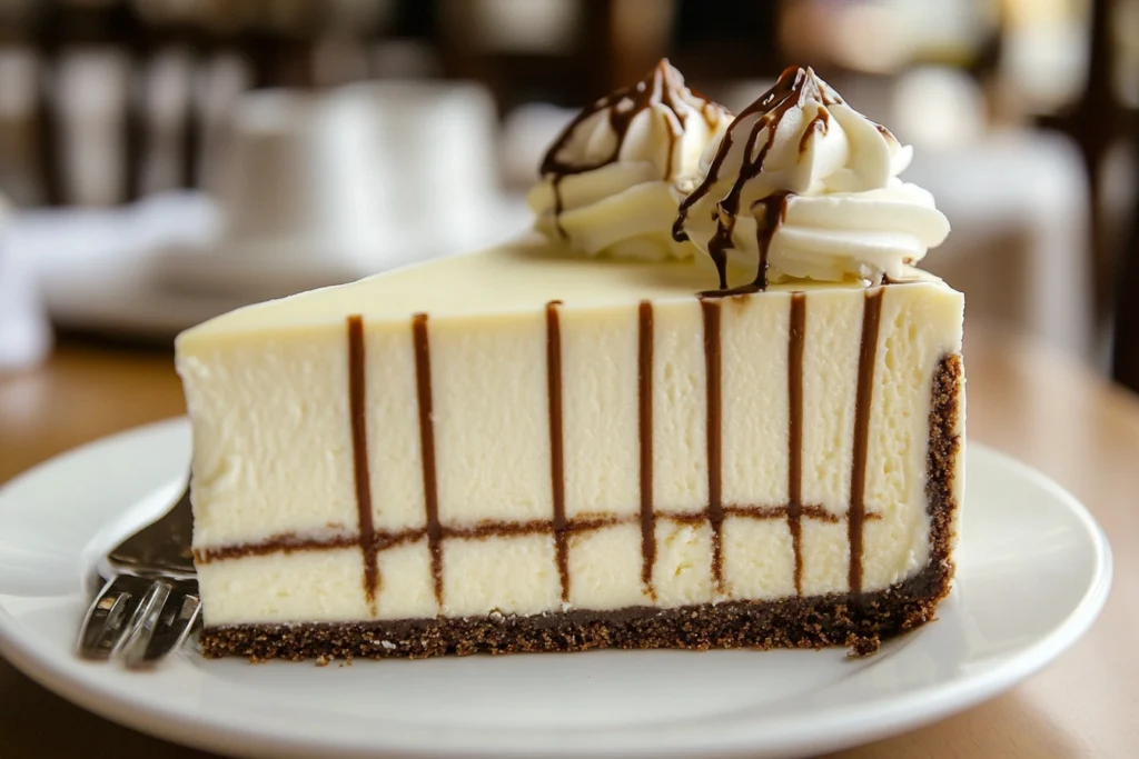 Slice of Cheesecake Factory cheesecake on a plate