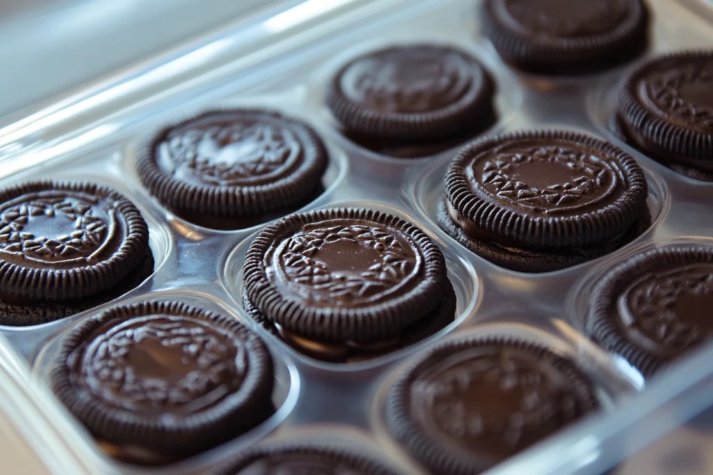 A stack of beautifully decorated chocolate covered Oreos in an airtight container, ready for proper storage.

