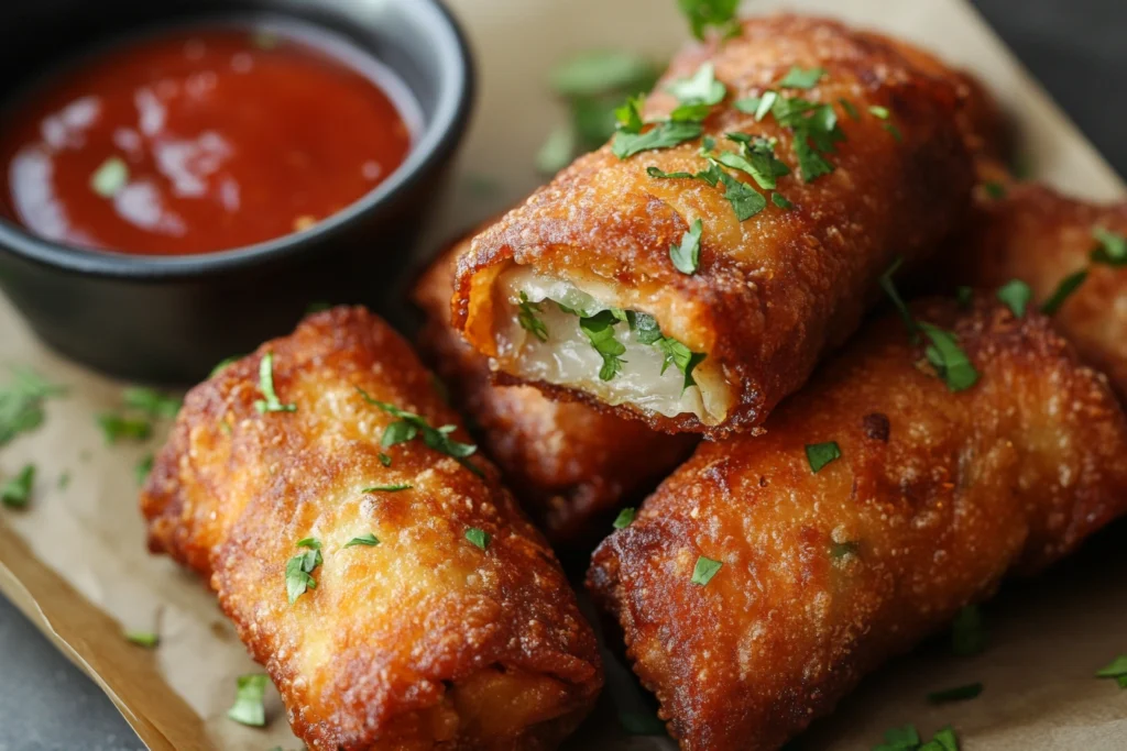 Crispy Costco egg rolls served with dipping sauce