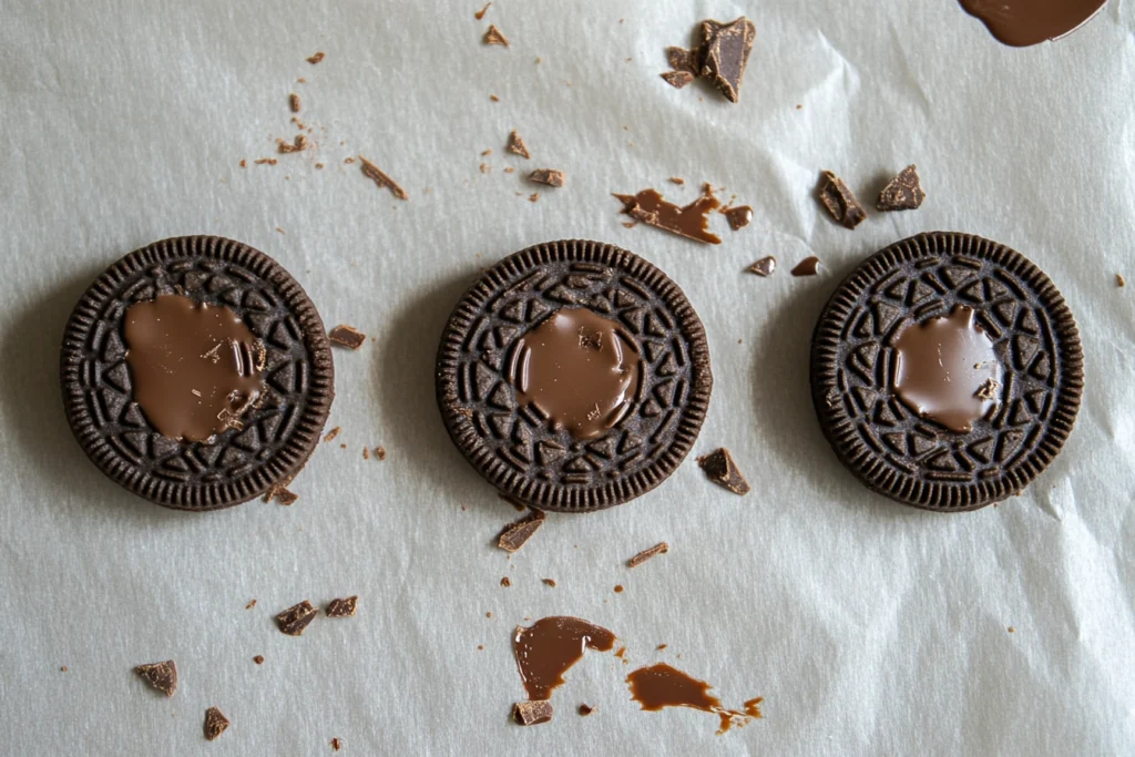 "Cracked chocolate coating on an Oreo placed on parchment paper."

