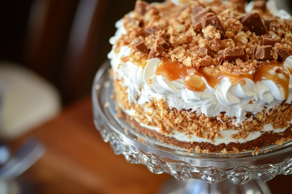 "Delicious Better Than Sex Cake topped with whipped cream, caramel, and crushed toffee."

