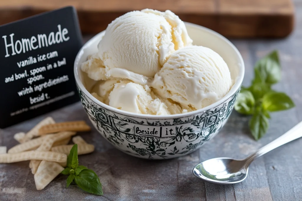 "Homemade vanilla ice cream in a bowl with a spoon and fresh ingredients beside it."

