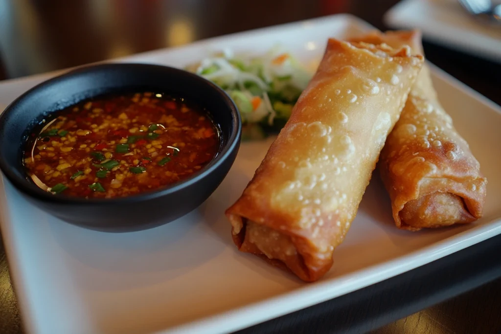 "Imperial roll and egg roll side by side on a plate with dipping sauce, highlighting the differences in texture and wrapper."

