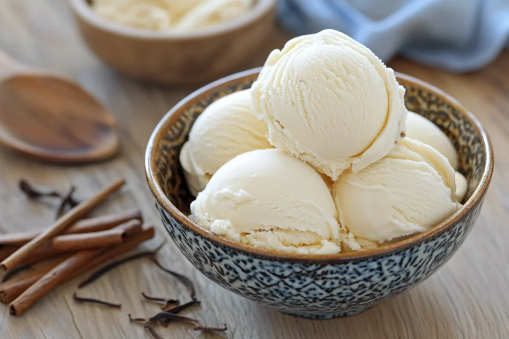 "Ingredients for vanilla ice cream, including heavy cream, sugar, and vanilla beans, laid out on a kitchen counter."

