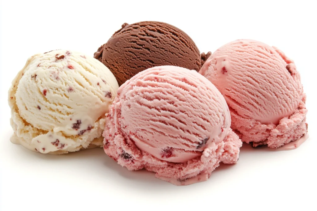 Three scoops of Neapolitan ice cream showcasing chocolate, vanilla, and strawberry layers

