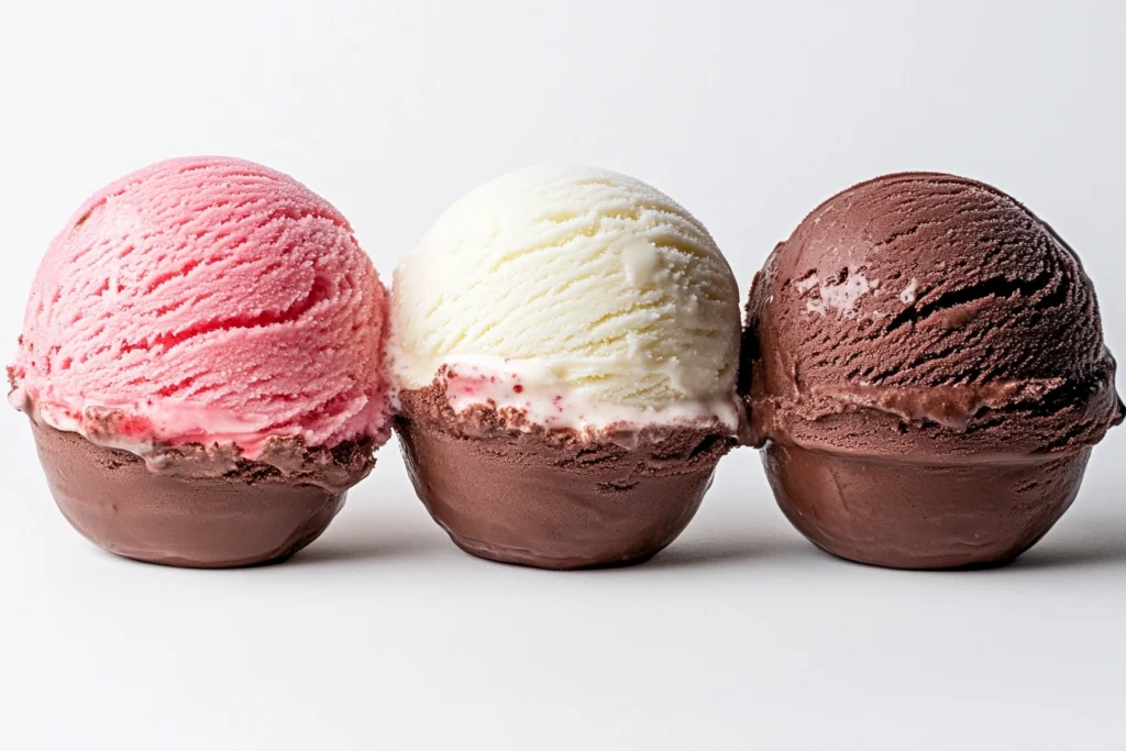 Three scoops of Neapolitan ice cream showing chocolate, vanilla, and strawberry layers side by side.

