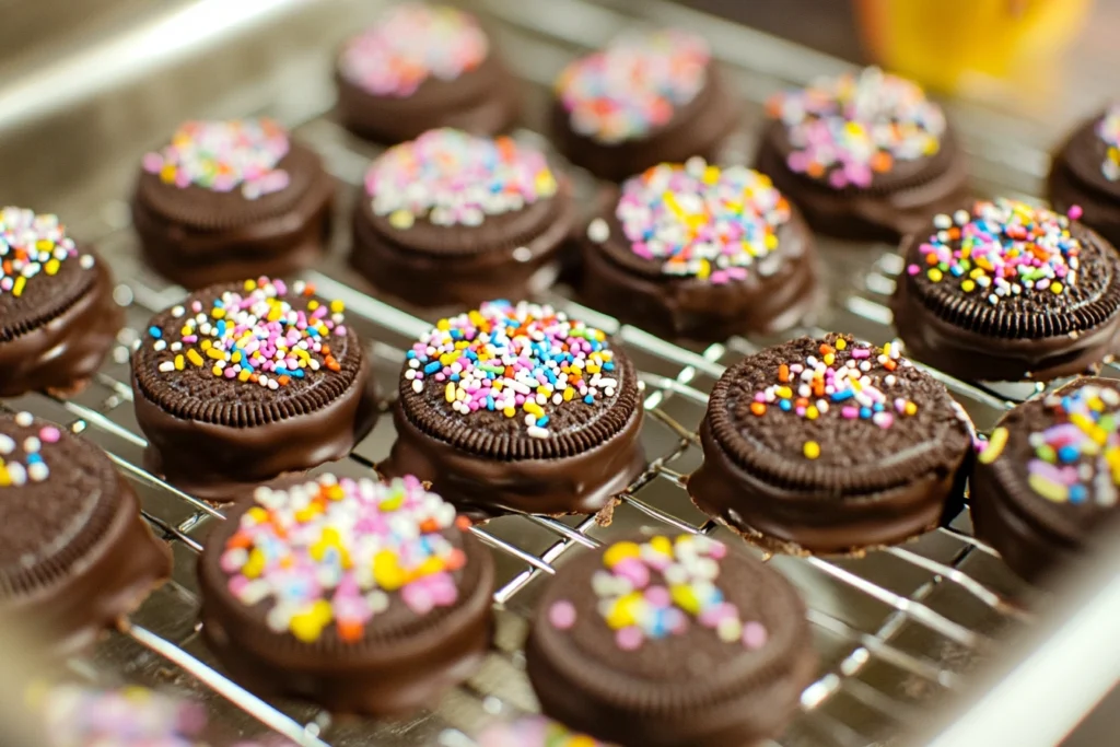 "Oreo cookies dipped in chocolate and decorated with sprinkles, ready for storage."

