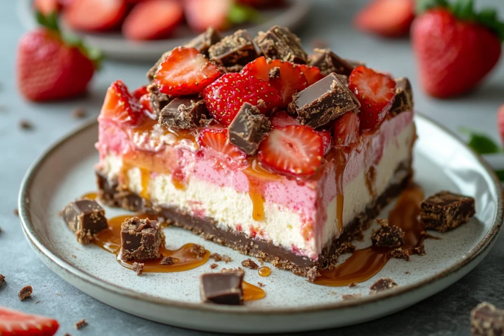 A slice of Snickers strawberry cheesecake topped with fresh strawberries, caramel drizzle, and chopped Snickers bars.

