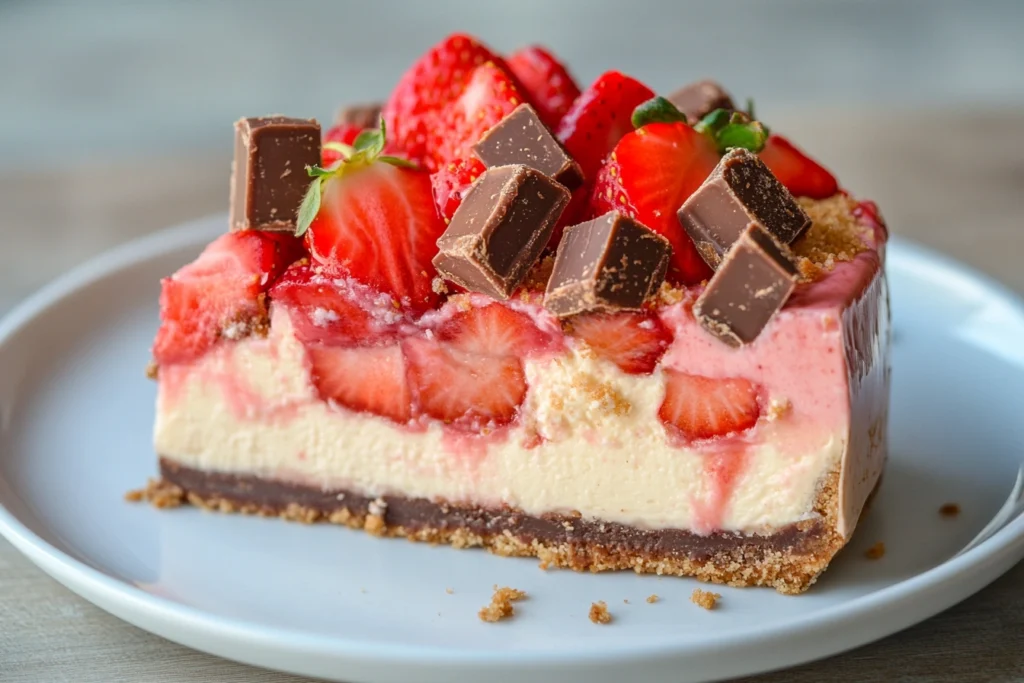 A delicious slice of Snickers Strawberry Cheesecake topped with fresh strawberries and chopped Snickers bars.

