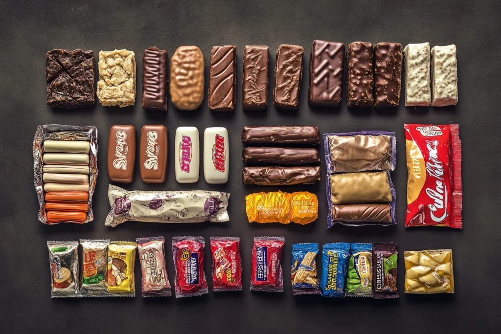 Various Snickers bar types laid out, showcasing different flavors and packaging.

