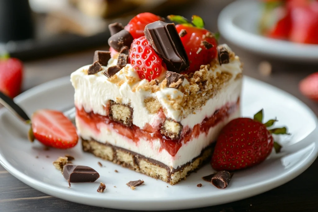 A layered dessert featuring Snickers, cheesecake, and strawberries, inspired by the viral Strawberry Cheesecake Snickers trend.

