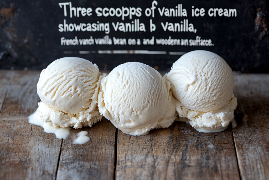 "Three scoops of vanilla ice cream showcasing classic vanilla, French vanilla, and vanilla bean on a wooden surface."

