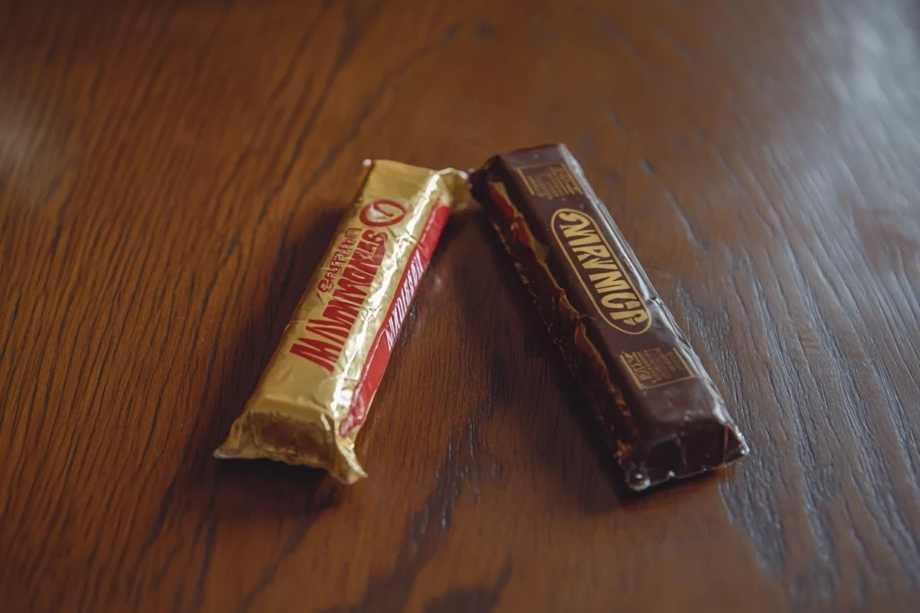 An original Marathon bar next to a modern Snickers bar, highlighting the rebranding that took place in 1990.

