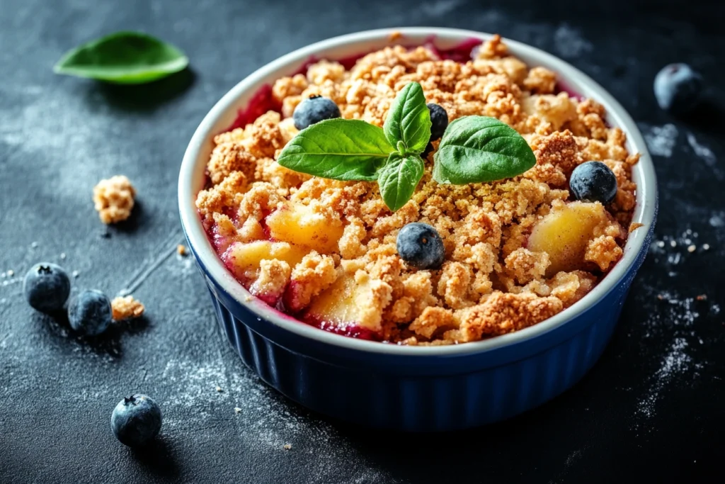 Fruit crumble dessert with crispy golden topping

