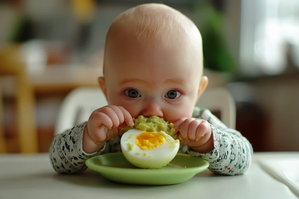 A baby sitting in a high chair enjoying mashed avocado and soft-boiled egg, showcasing nutritious first meals.

