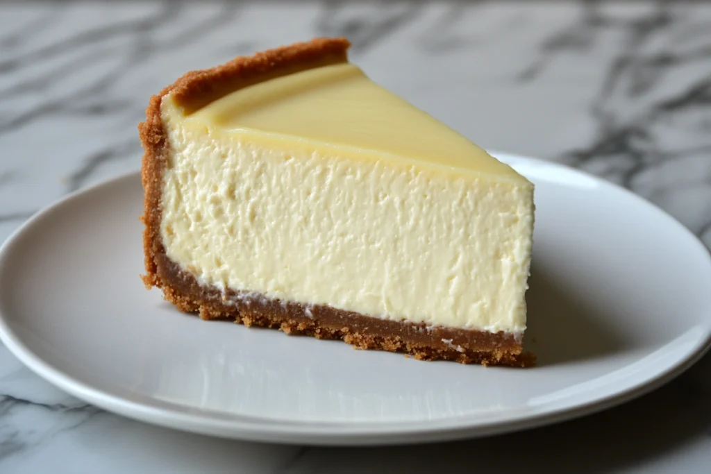 A perfectly baked, creamy cheesecake with no cracks on a white plate.

