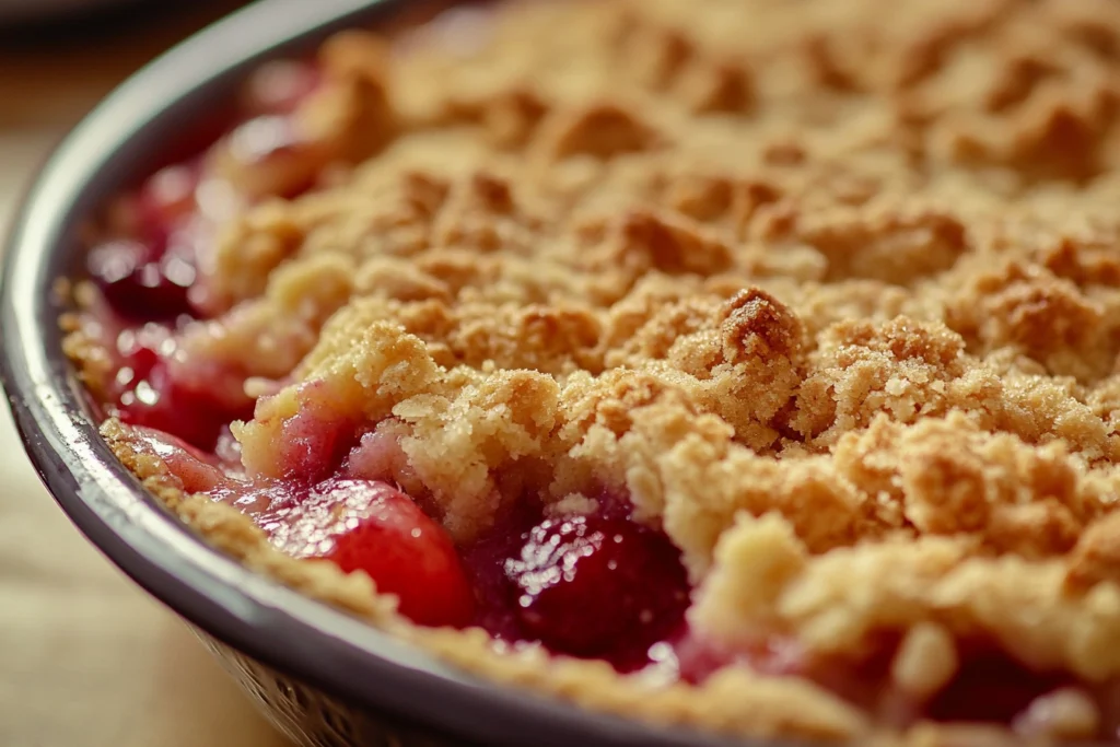 Close-up of a golden crumble topping on a fruit dessert

