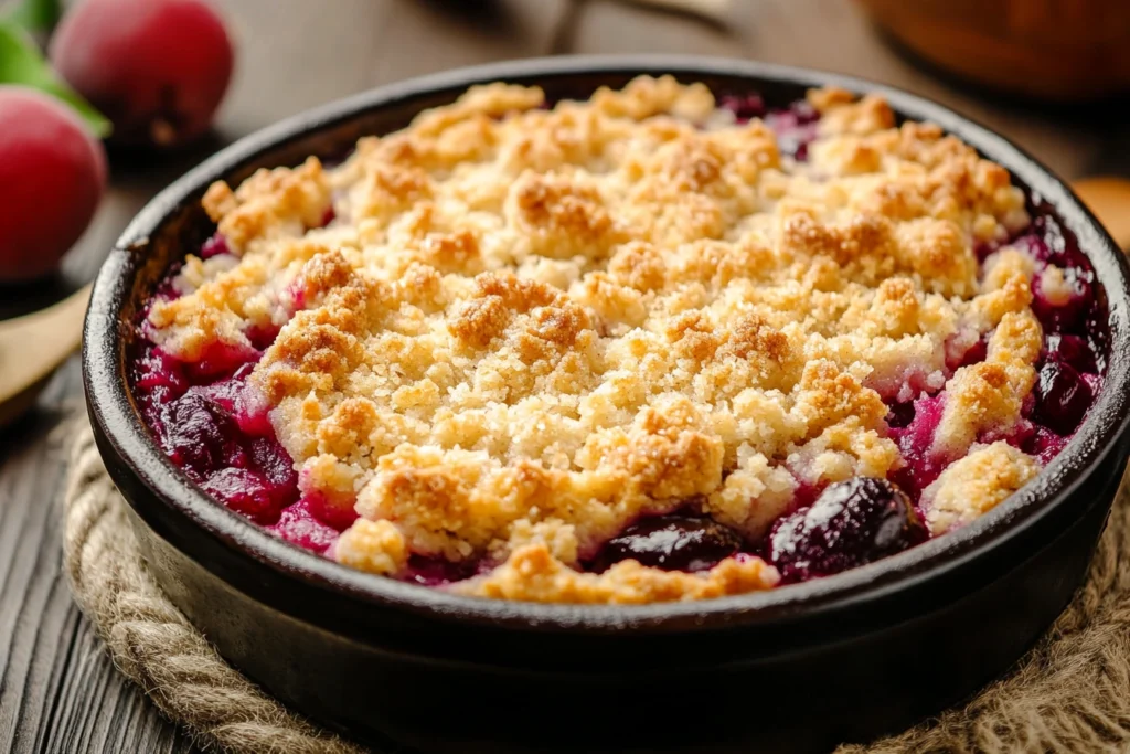 Golden, crispy crumble topping on a freshly baked fruit dessert

