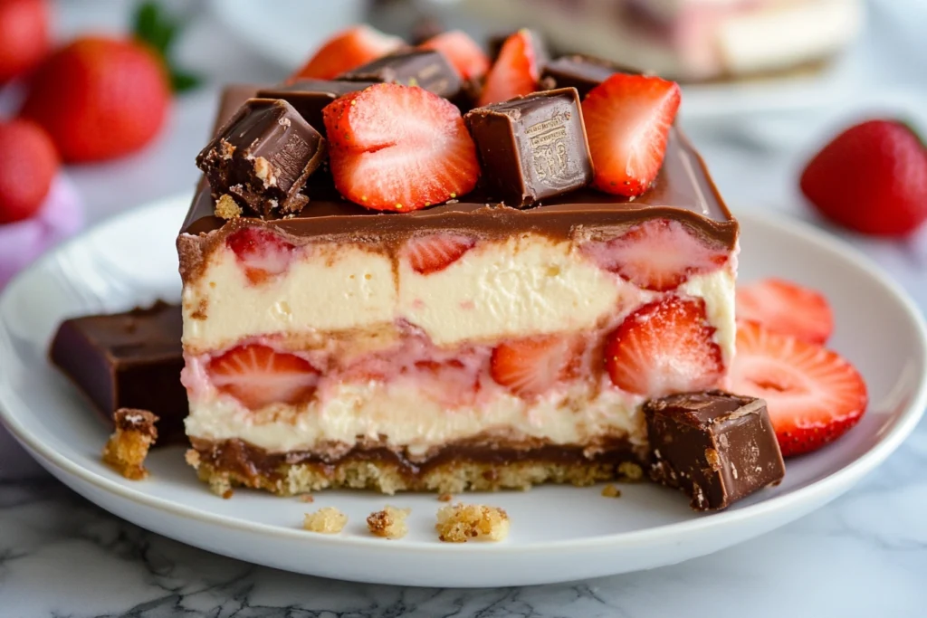 Strawberry Cheesecake Snickers dessert with layers of strawberries, cheesecake, and Snickers bars

