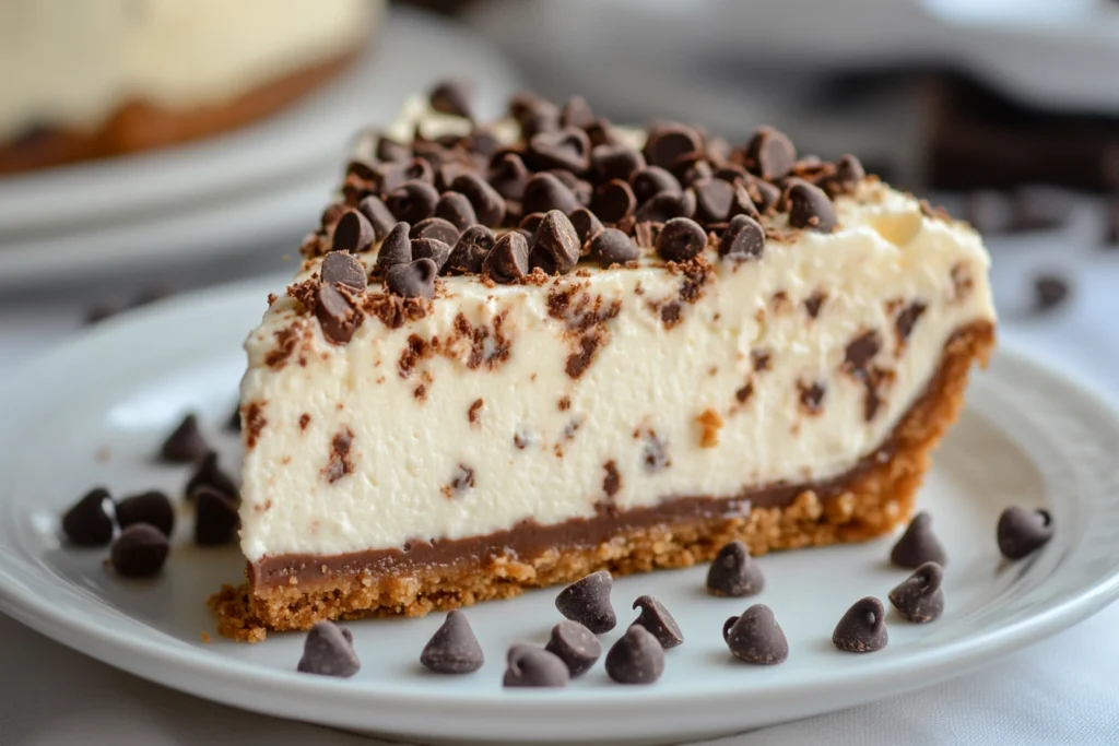 A slice of rich, creamy chocolate chip cheesecake with a golden graham cracker crust and chocolate chips sprinkled on top.

