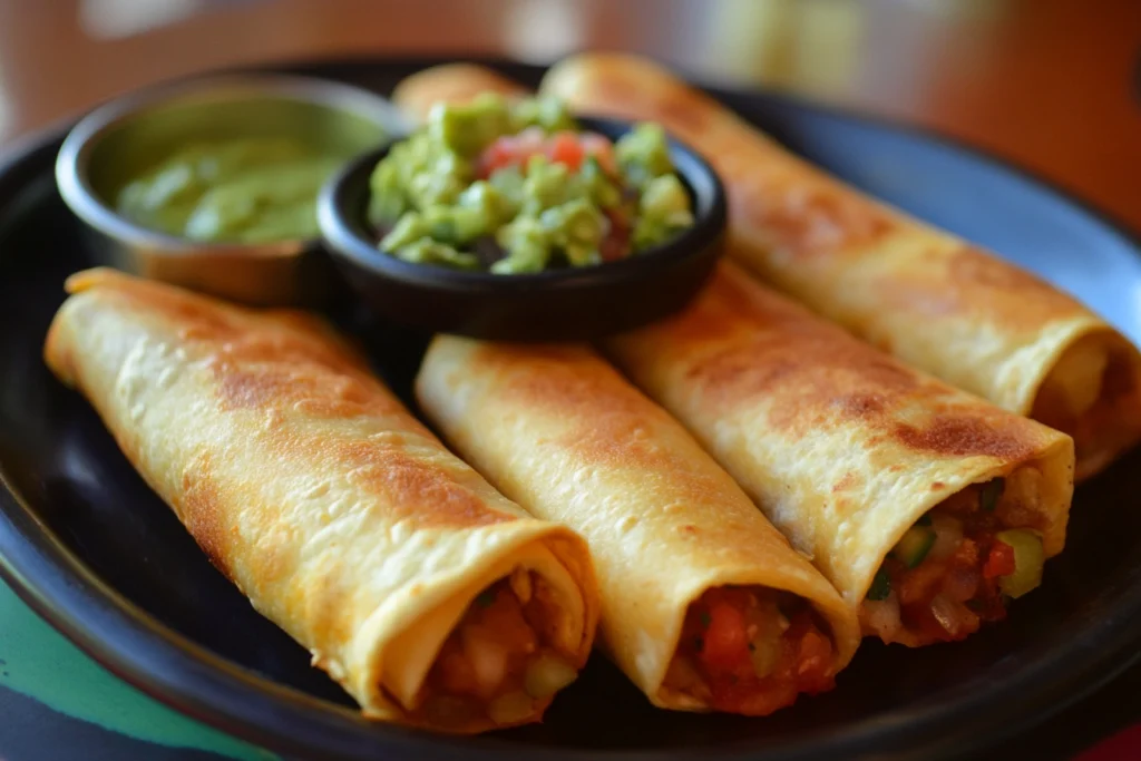 Crispy Mexican flautas served with guacamole and salsa

