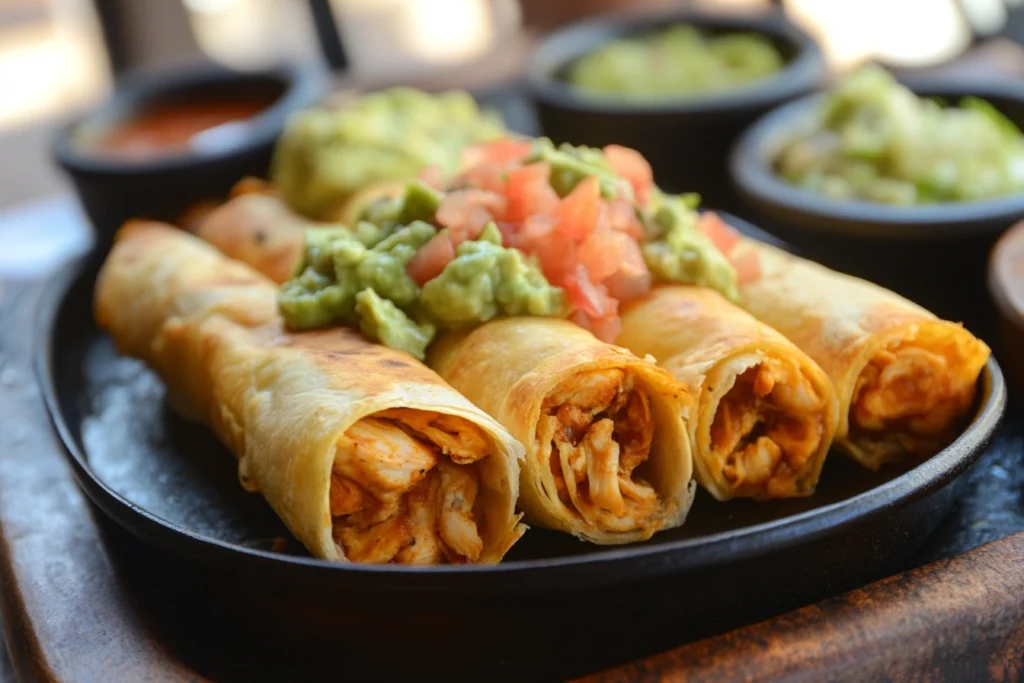 A plate of crispy flautas filled with shredded chicken, served with sides of fresh salsa, guacamole, and sour cream.

