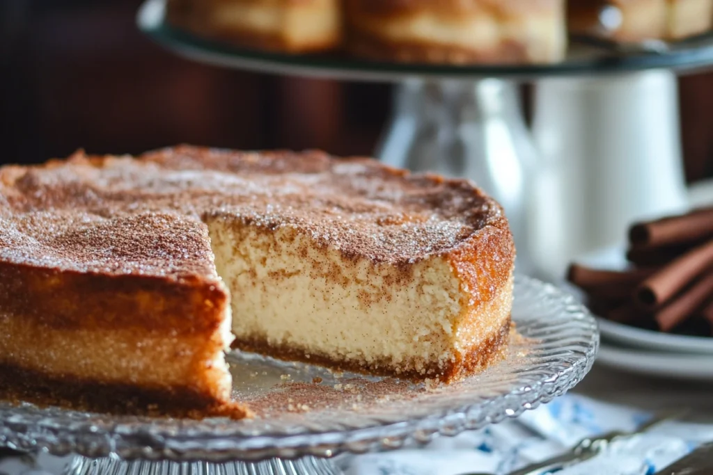 A delicious churro cheesecake topped with cinnamon sugar, featuring a flaky crust and creamy cheesecake center.

