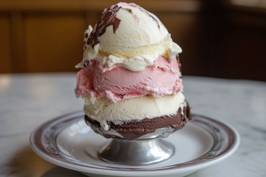 Neapolitan ice cream with chocolate, vanilla, and strawberry layers

