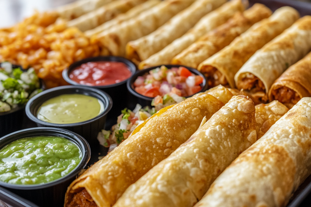 Crispy flautas and taquitos side by side with dipping sauces

