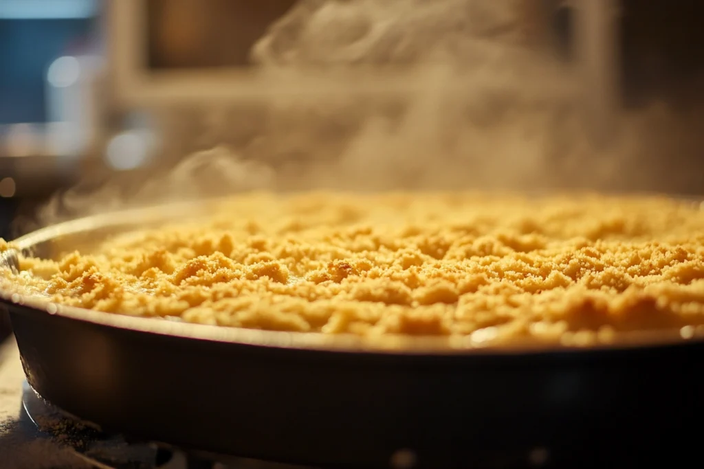 Golden crumb topping on a baked dessert

