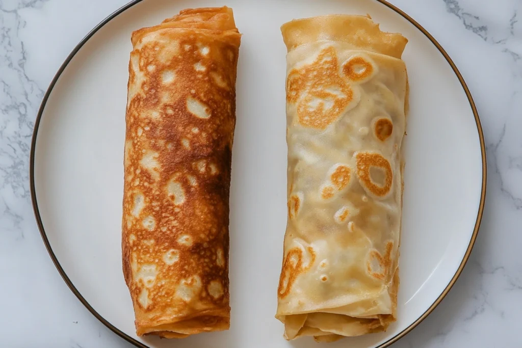 A close-up image showing an egg roll and a pancake roll side by side on a plate, highlighting the differences in their wrappers and appearance.

