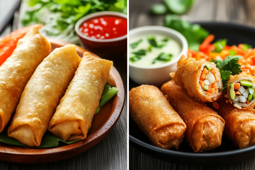 Comparison of fried egg rolls and fresh spring rolls with dipping sauces

