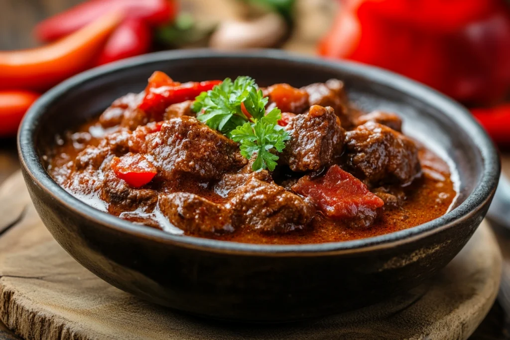 A close-up of a bowl filled with rich, hearty goulash sauce featuring chunks of beef, bright red paprika, and a savory broth.

