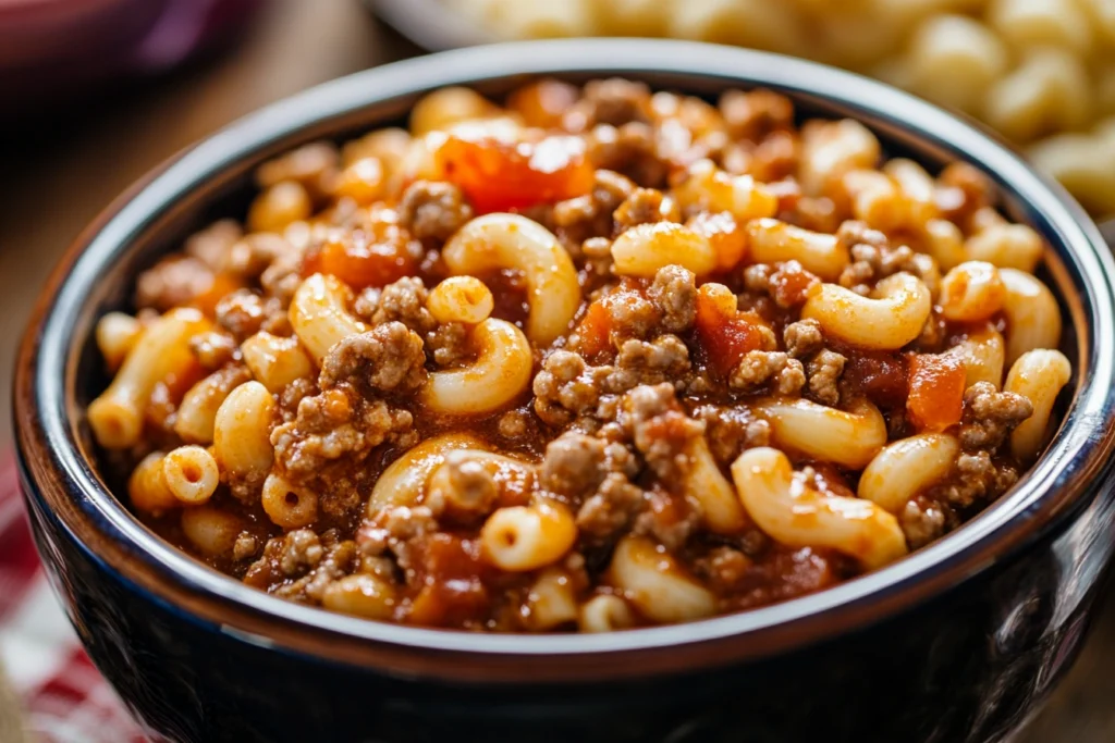 A close-up of a bowl filled with hearty American goulash, featuring ground beef, elbow macaroni, and a rich tomato sauce, topped with cheddar cheese.

