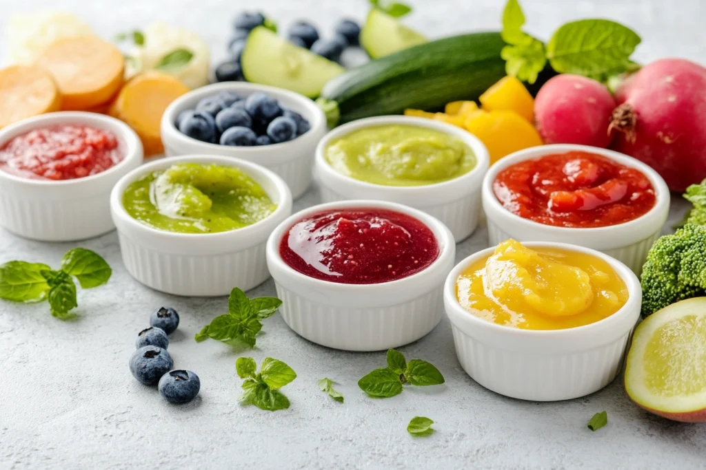 A variety of colorful homemade baby food purees made from fruits and vegetables, displayed in small bowls.

