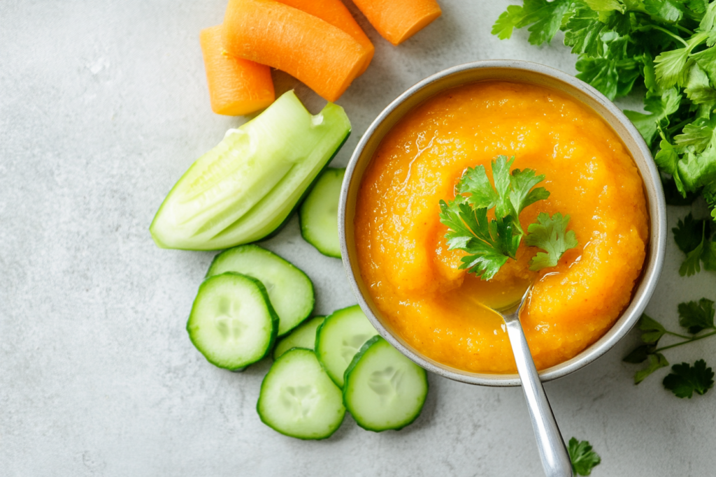 Homemade baby food puree in a bowl with a spoon, next to fresh vegetables

