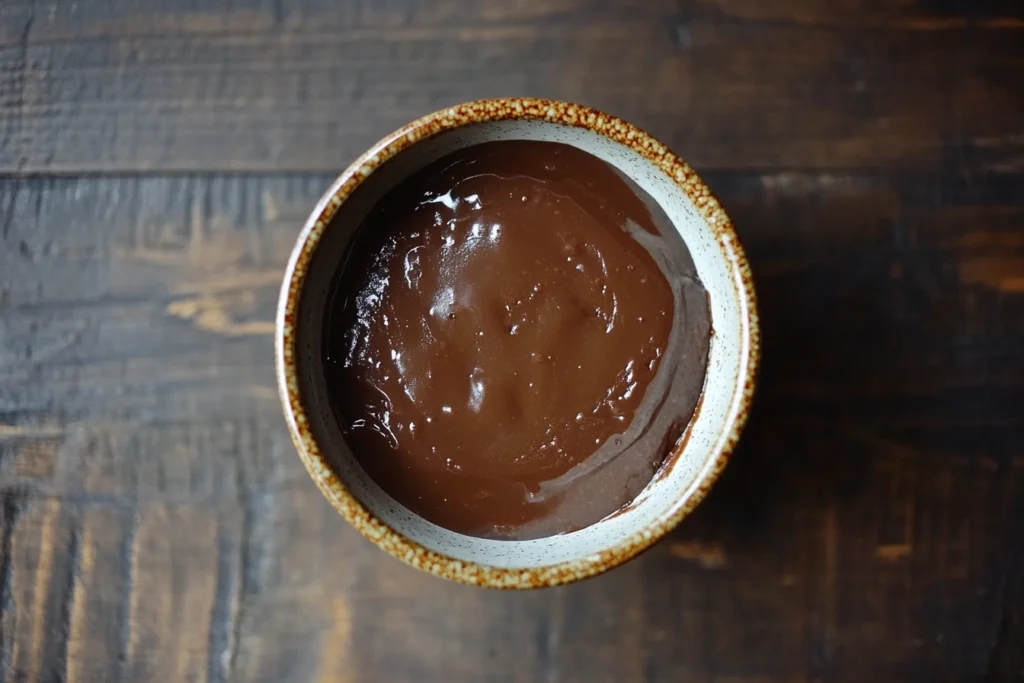 A melted Snickers bar in a bowl, ready to be used as a rich sauce or fondue for dipping fruit and other desserts.

