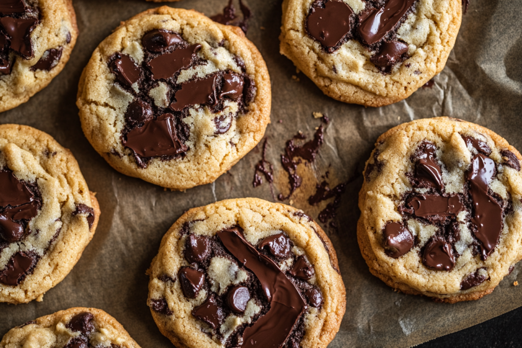 Chocolate chips partially melted inside freshly baked cookies.

