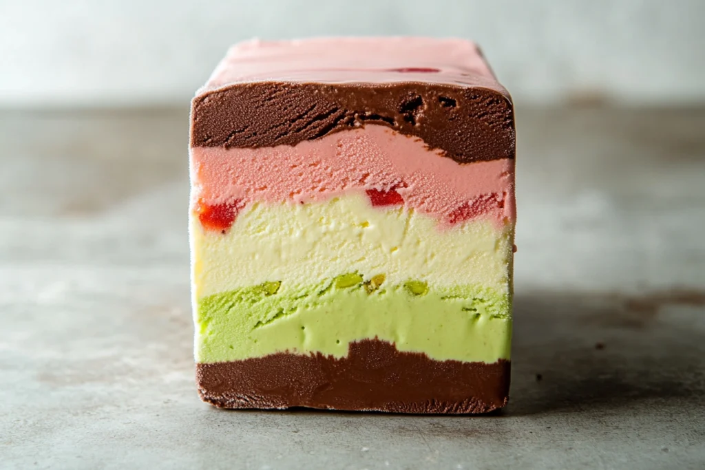 A sliced block of Harlequin ice cream showing colorful layers of vanilla, chocolate, strawberry, and pistachio flavors.

