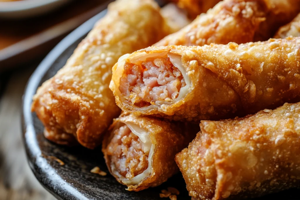 Close-up of a crispy egg roll with pink pork filling

