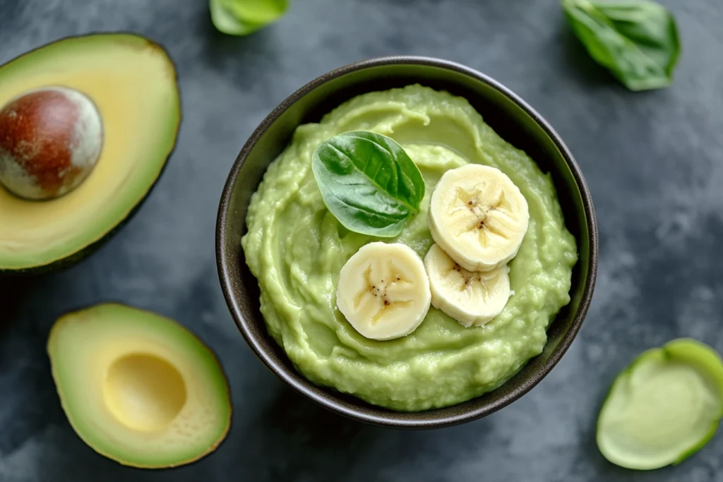 A bowl of mashed avocado and banana puree for baby’s first food

