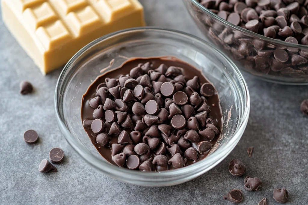 Melted chocolate chips in a bowl next to a block of Baker’s chocolate.

