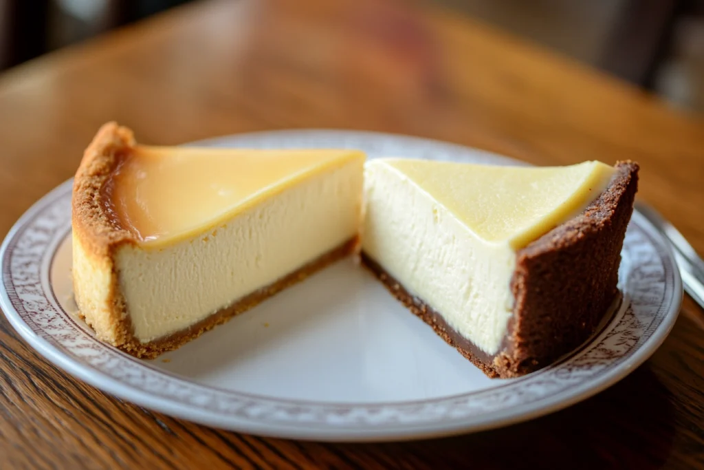 A slice of traditional cheesecake next to a slice of New York cheesecake on a plate.

