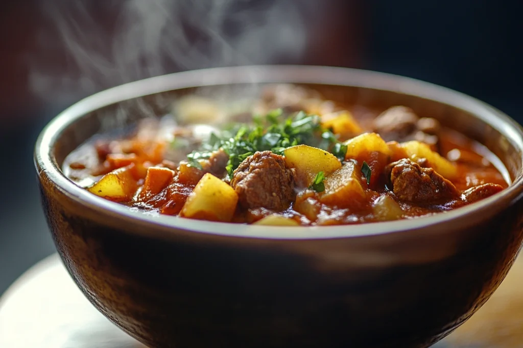 A steaming bowl of traditional Hungarian goulash with beef and vegetables

