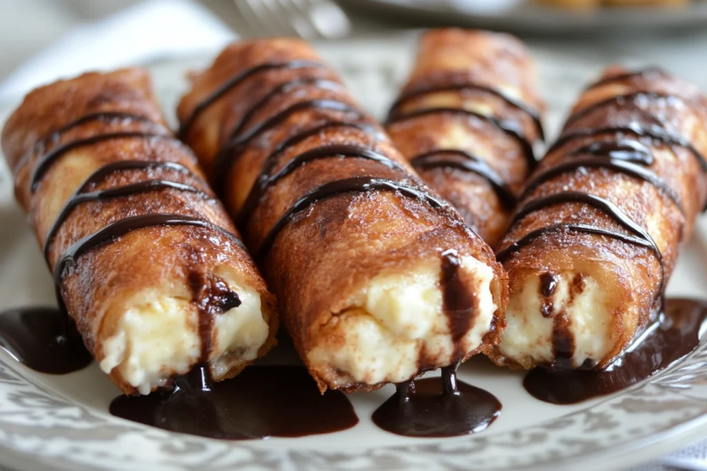 Golden brown cherry cheesecake egg rolls on a plate, served with a drizzle of chocolate sauce