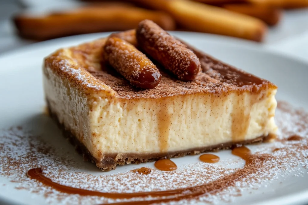 A delicious slice of churro cheesecake topped with cinnamon sugar and drizzled with caramel.

